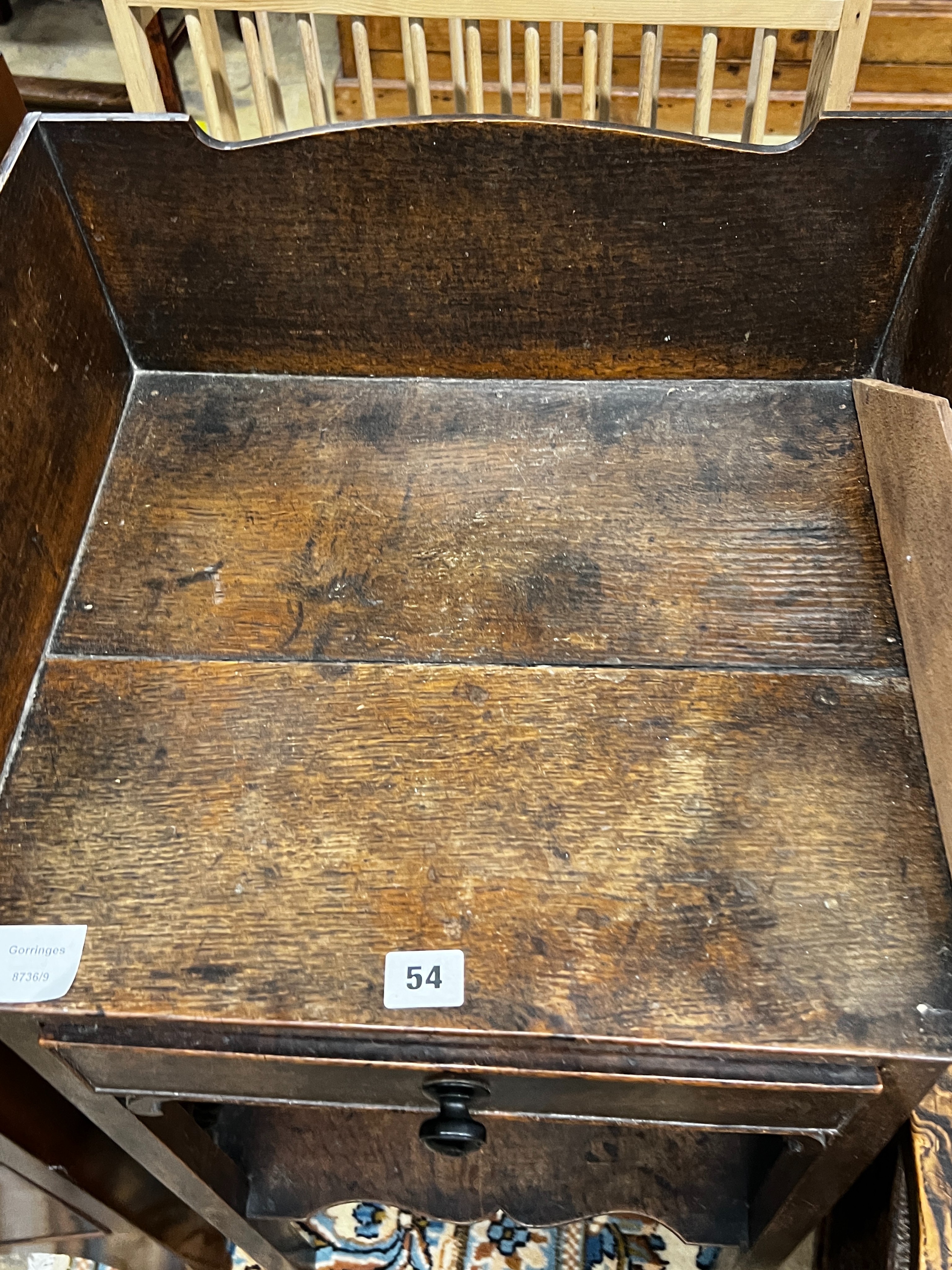 A George III provincial oak two tier washstand, width 47cm, depth 38cm, height 88cm